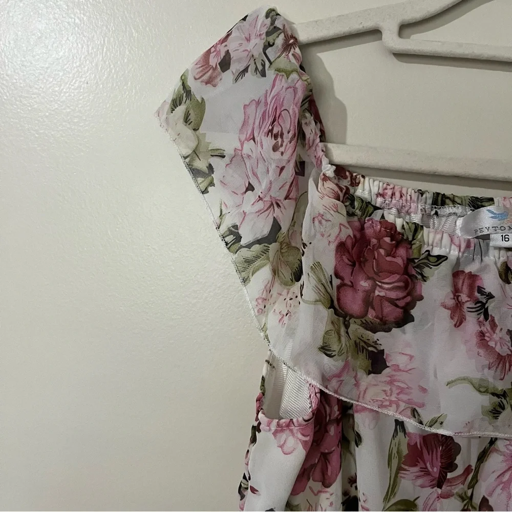 Girls White Maxi Dress with Pink Floral Print and Ruffle Neck
